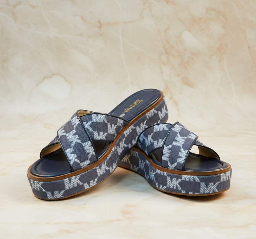 MICHAEL KORS INDIRA LOGO JACQUARD PLATFORM SANDALS - BLUE - SIZE 6 CAN FIT TO SIZE 5.5