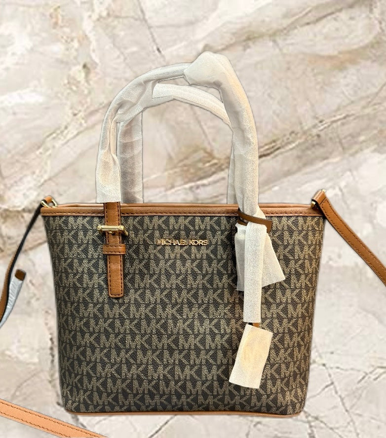 MICHAEL KORS XS JET SET CARRYALL TRAVEL ZIP TOTE - BLACK - BROWN MULTI WITH A TOUCH OF METTALIC GOLD