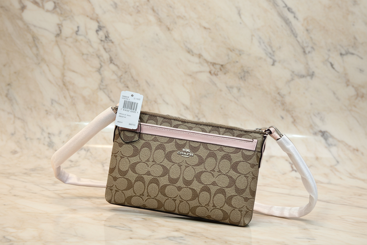SALE‼️ COACH EAST WEST CROSSBODY WITH POP-UP POUCH KHAKI-PINK - WITH FLAWS/PEELED OFF/SCALED FROM THE CREED INSIDE, SEE PHOTO
