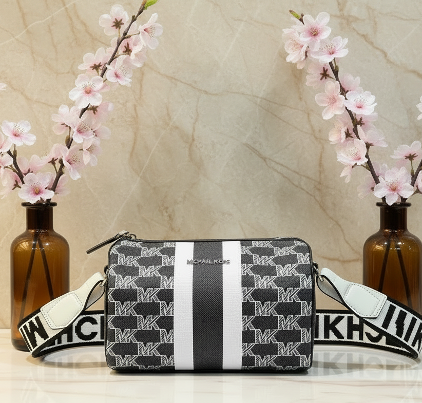 MICHAEL KORS COOPER MINI DUFFLE CROSSBODY IN SIGNATURE CANVAS STRIPE NWT BLACK MULTI
