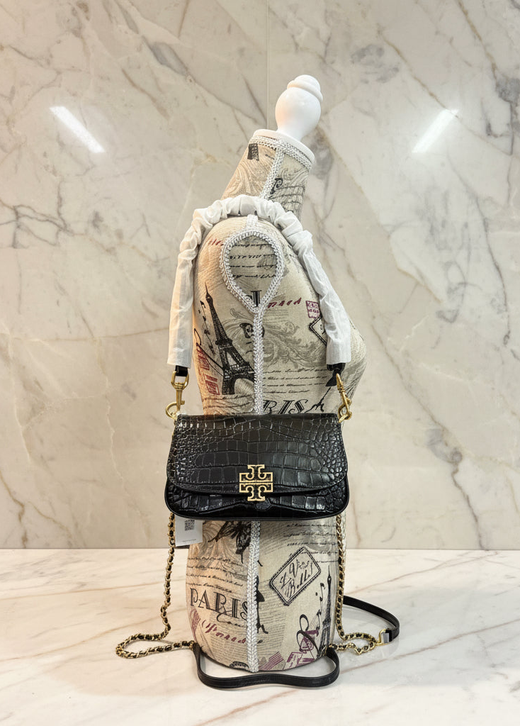 TORY BURCH EMBOSSED CROC BRITTEN CONVERTIBLE SHOULDER BAG/XBODY BAG - BLACK