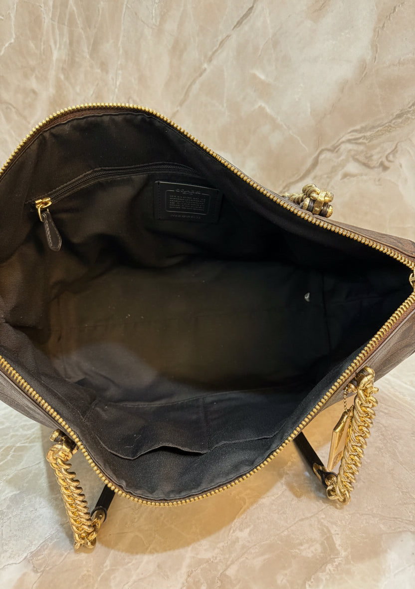 COACH AVA LARGE ZIP TOP TOTE IN SIGNATURE BLACK BROWN