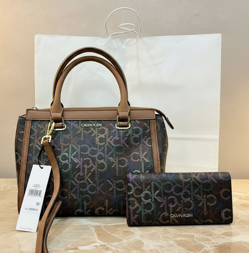 CALVIN KLEIN BUNDLE BAG & LONG WALLET JANAE SATCHEL CROSSBODY BAG IN SIGNATURE BROWN