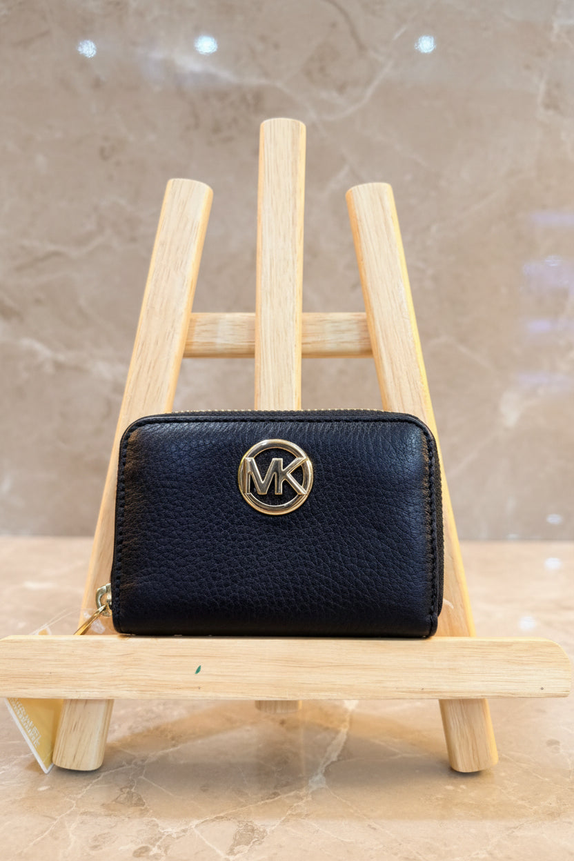 MICHAEL KORS FULTON LEATHER ZIP AROUND COIN PURSE - BLACK