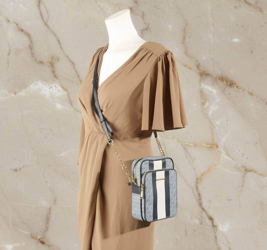 MICHAEL KORS - BELOW SRP WITH FLAWS IN FRONT - SLIGHT MARK LIKE PEN - JET SET TRAVEL LOGO STRIPE CROSSBODY BAG