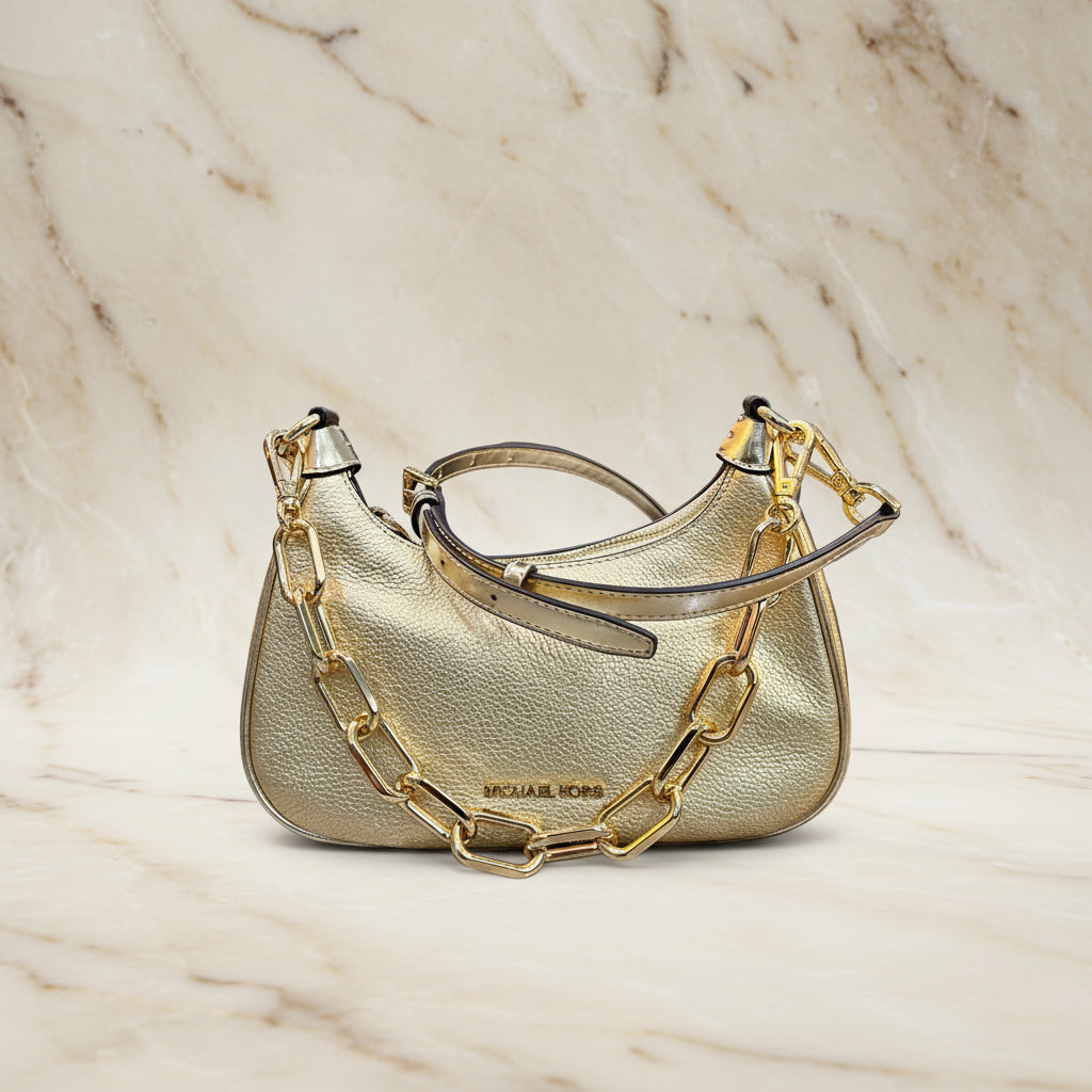 MICHAEL KORS MINI CORA CHAIN SHOULDER BAG/CROSBODY BAG - METTALIC PEBBLE GOLD