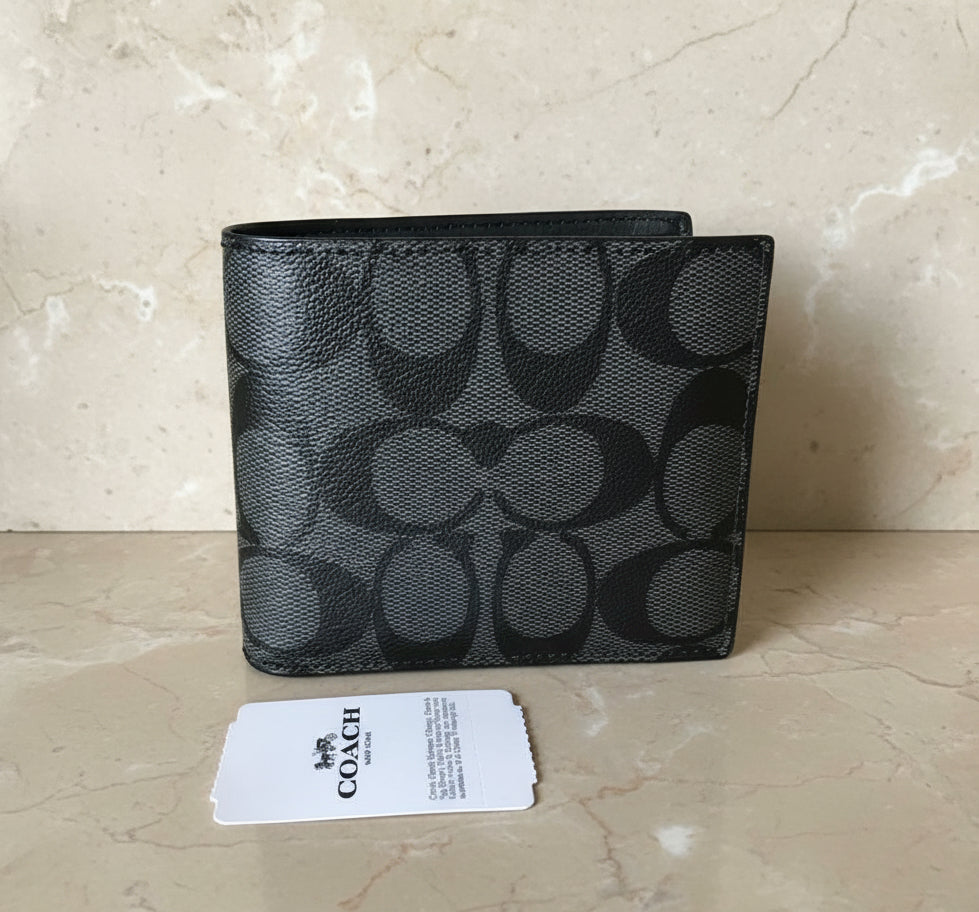COACH MEN’S BIFOLD WALLET WITH INSERT - SIGNATURE CHARCOAL BLACK - NO INSERT