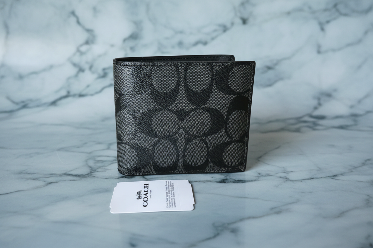 COACH MEN’S BIFOLD WALLET WITH INSERT - SIGNATURE CHARCOAL BLACK - NO INSERT