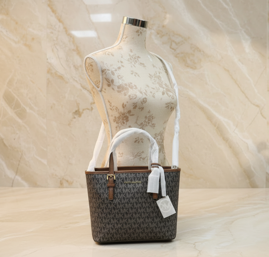 MICHAEL KORS XS JET SET CARRYALL TRAVEL ZIP TOTE - BLACK - BROWN MULTI WITH A TOUCH OF METTALIC GOLD