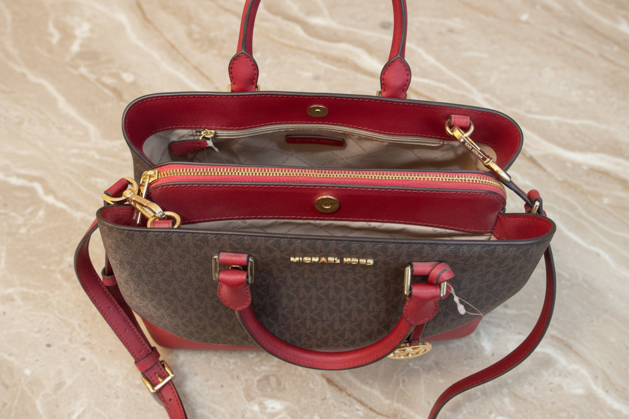 MICHAEL KORS SAVANNAH LARGE SATCHEL IN SIGNATURE BROWN/RED - SCARLET