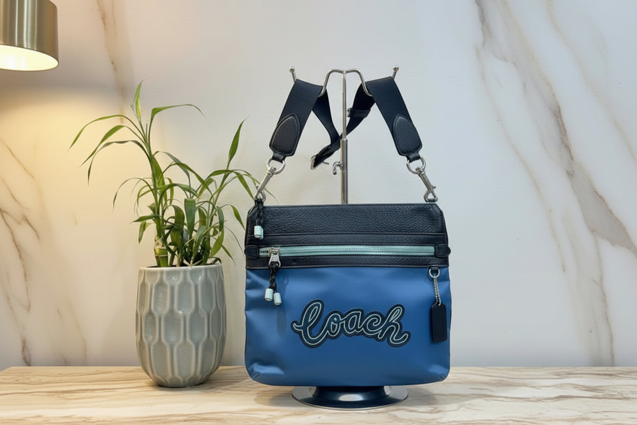 COACH VALE FILE CROSSBODY - NYLON/PEBBLE LEATHER CERULEAN MULTI COLOR
