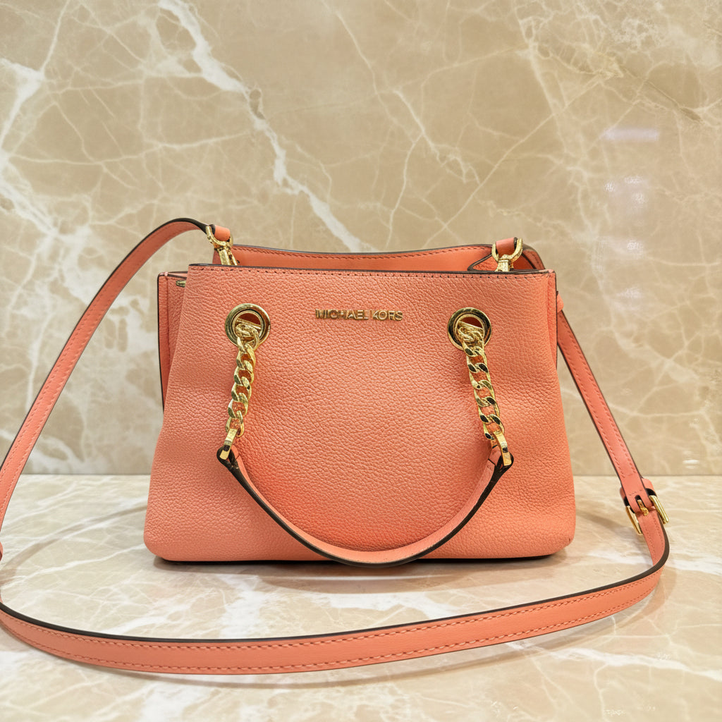 MICHAEL KORS SMALL TEAGEN LEATHER SATCHEL - PEACH