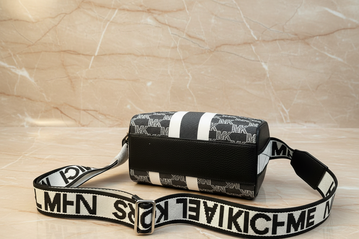 MICHAEL KORS COOPER MINI DUFFLE CROSSBODY IN SIGNATURE CANVAS STRIPE NWT BLACK MULTI