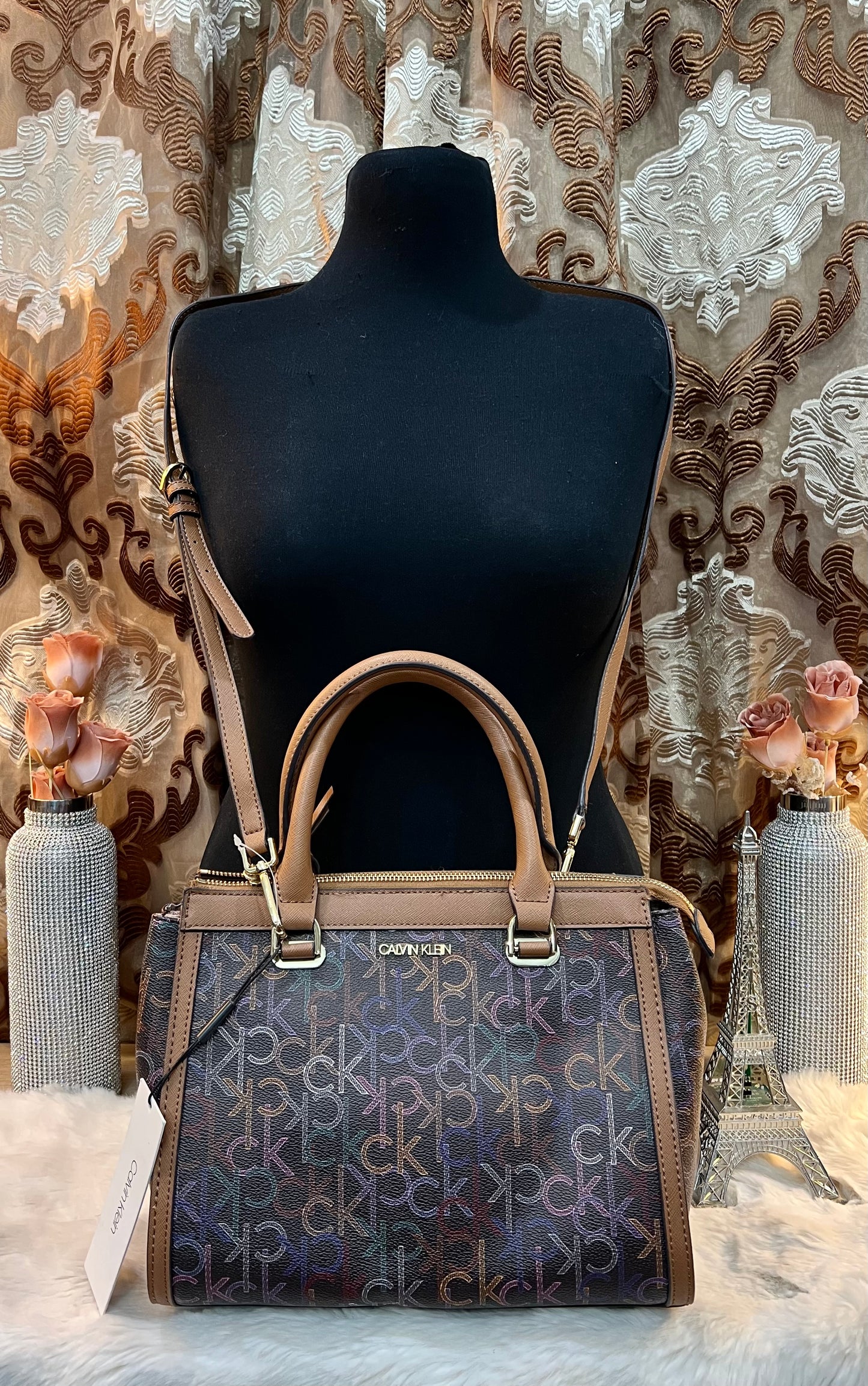 CALVIN KLEIN BUNDLE BAG & LONG WALLET JANAE SATCHEL CROSSBODY BAG IN SIGNATURE BROWN