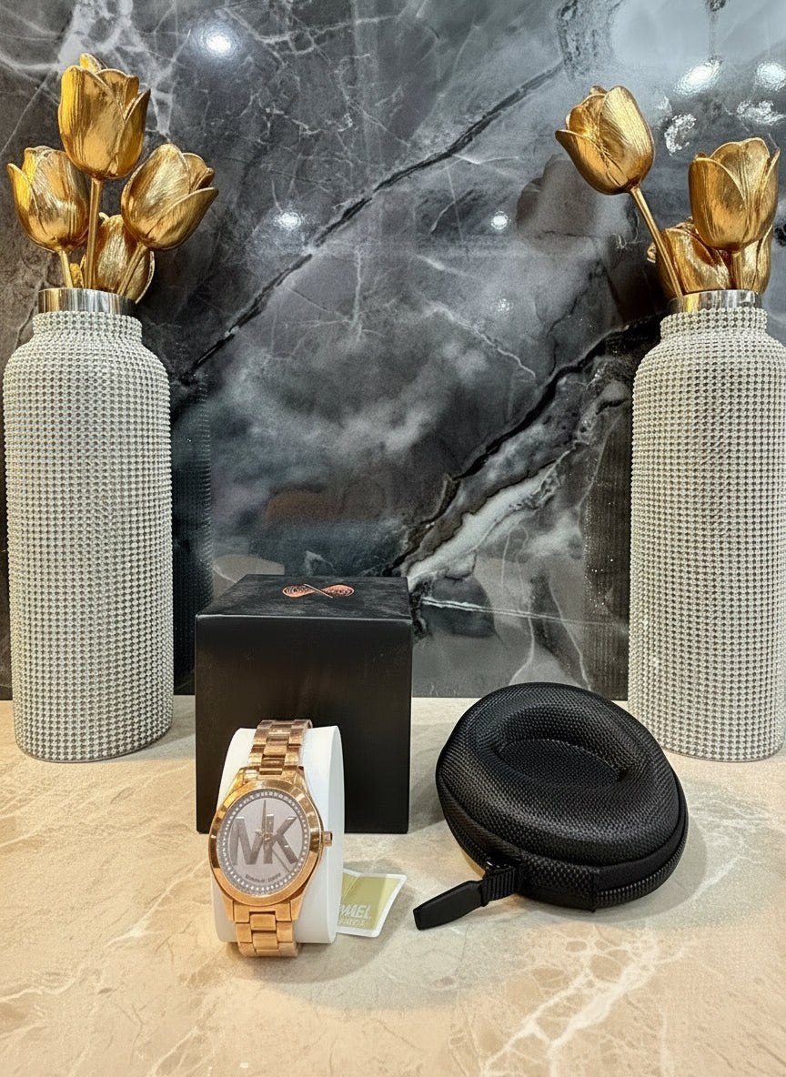 ساعة مايكل كورس ميني سليم رانوي - لون ذهبي وردي - بشعار MK وتصميم مرصع بالكريستال - علبة ساعة مجانية 