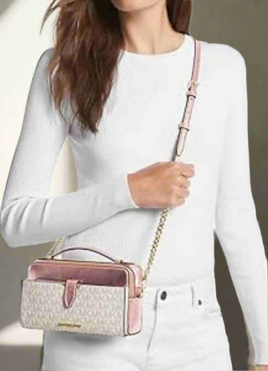 MICHAEL KORS SIGNATURE JET SET METALLIC PROMEROSE DOUBLE ZIP SMARTPHONE CROSSBODY BAG