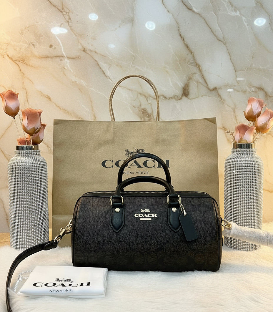 حقيبة كوتش متوسطة الحجم طويلة من قماش الروان - لون الجوز الأسود