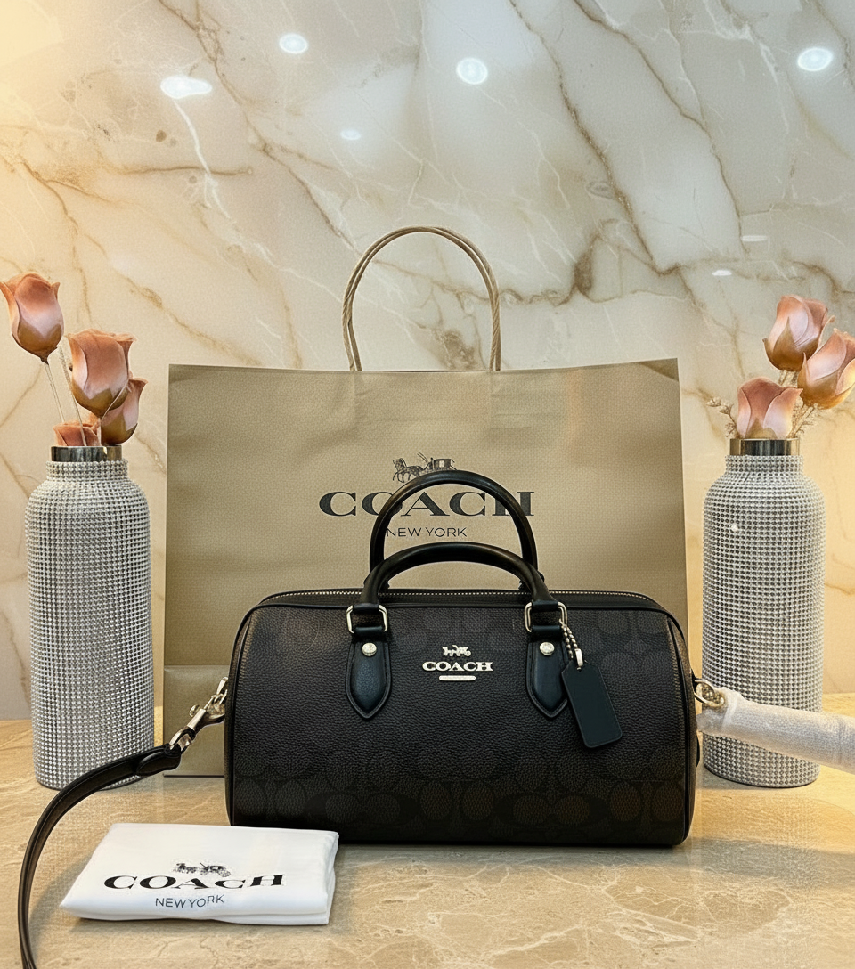 حقيبة كوتش متوسطة الحجم طويلة من قماش الروان - لون الجوز الأسود