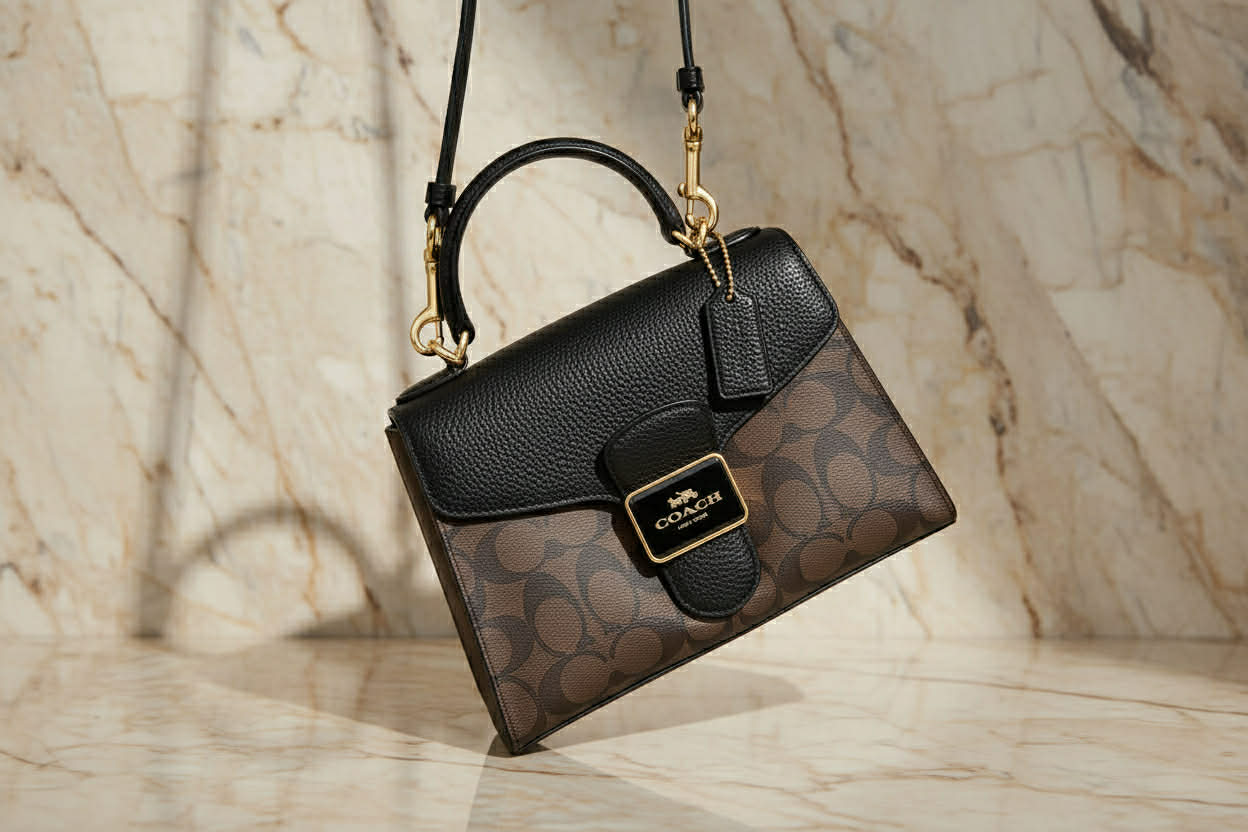 COACH SMALL PEPPER SATCHEL TOP HANDLE IN SIGNATURE BROWN BLACK