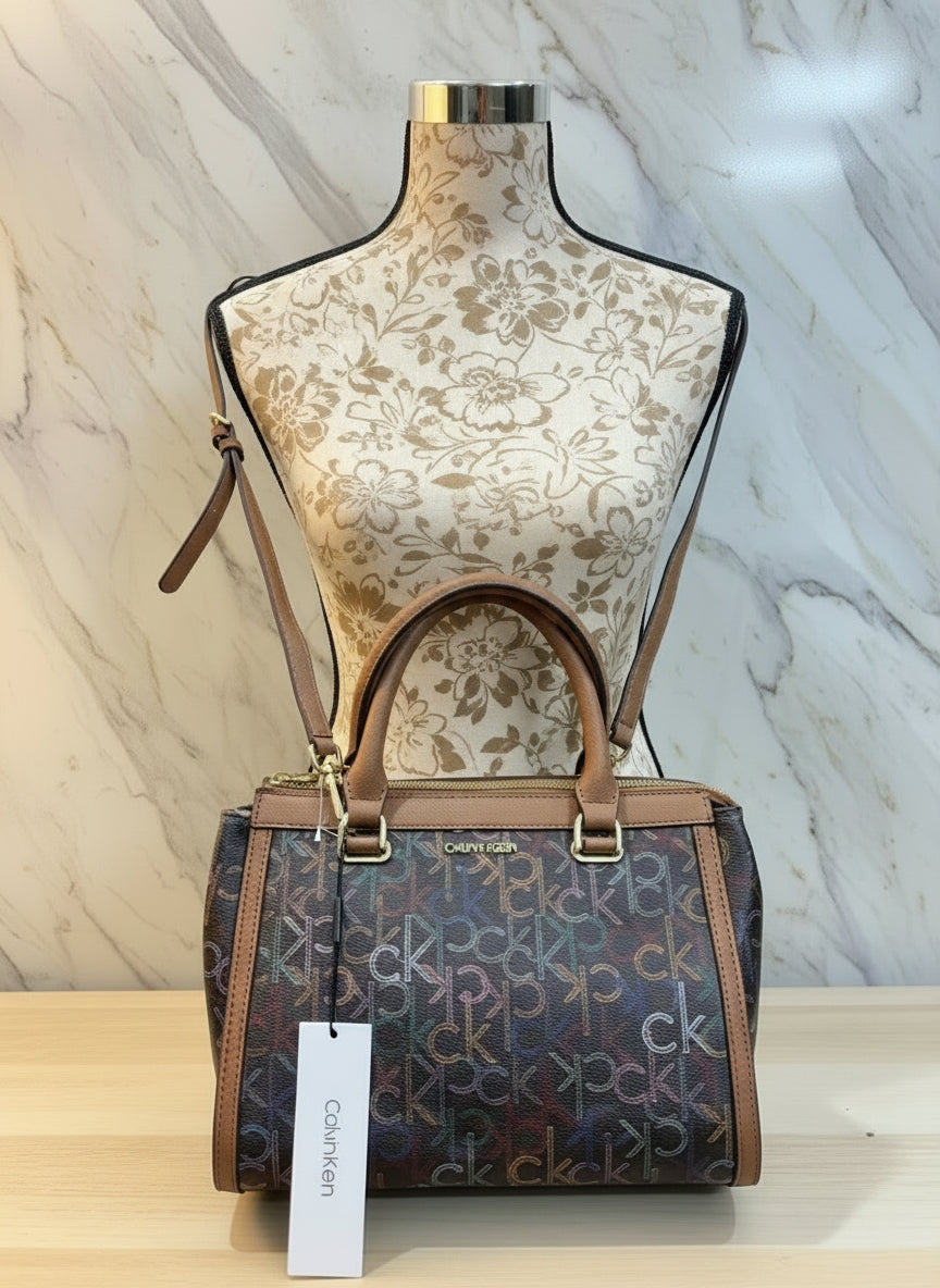 CALVIN KLEIN BUNDLE BAG & LONG WALLET JANAE SATCHEL CROSSBODY BAG IN SIGNATURE BROWN