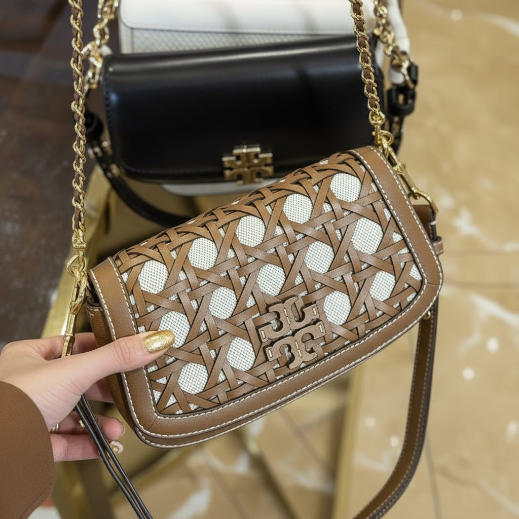 TORY BURCH BRITTEN  BASKET WEAVE CONVERTIBLE CRISSBODY/SHOULDER BAG - MOOSE COLOR