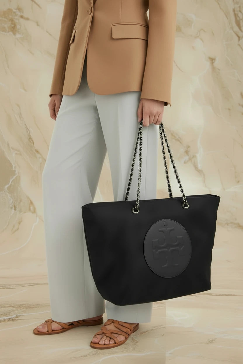TORY BURCH ELLA PUPPY MAGNETIC CLOSURE CHAIN TOTE - BLACK