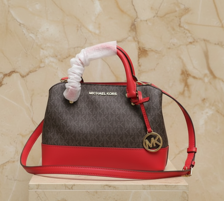 MICHAEL KORS SAVANNAH LARGE SATCHEL IN SIGNATURE BROWN/RED - SCARLET