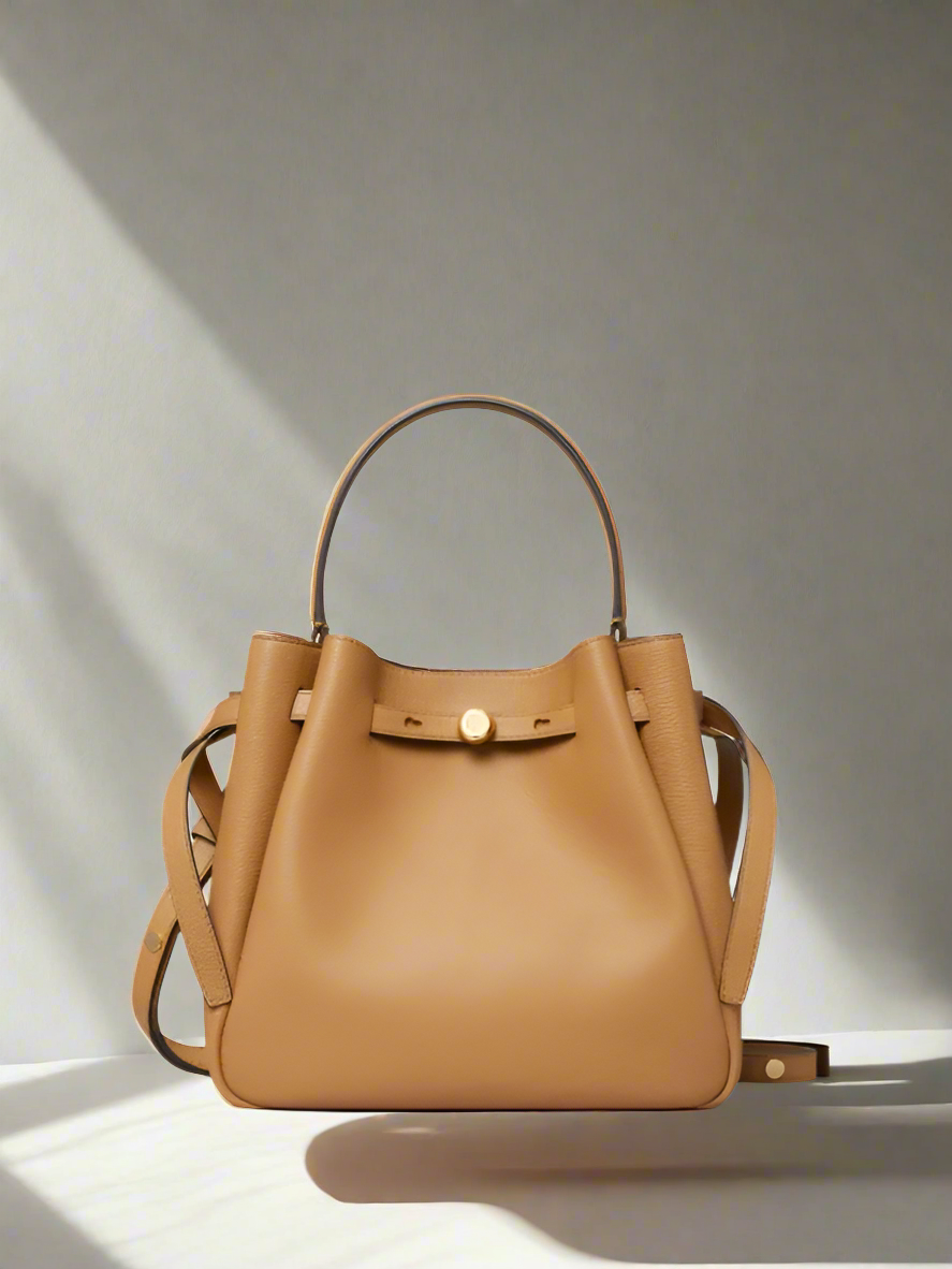 SALE!!! WITH CREASE IN FRONT DUE TO CARGO HANDLING - TORY BURCH SMALL ROMY BUCKET - BROWN