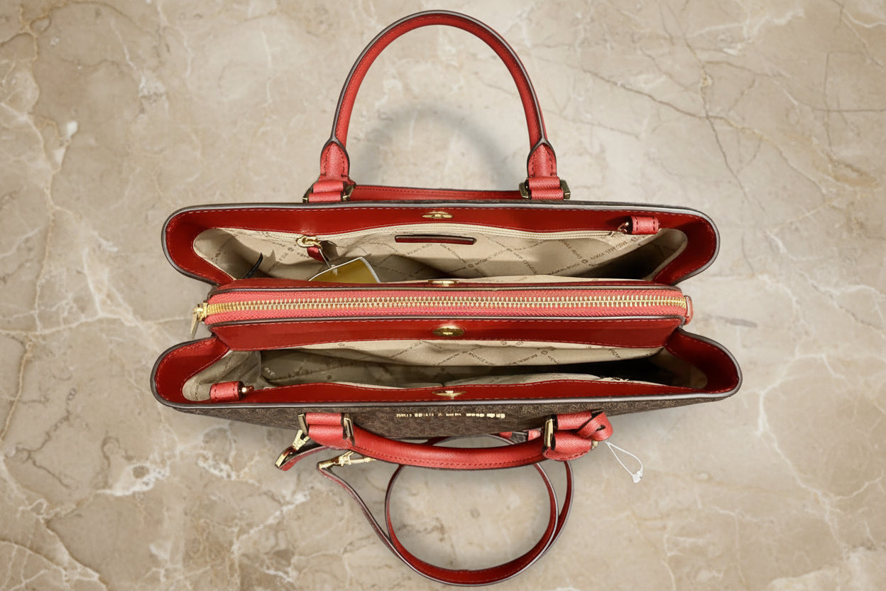 MICHAEL KORS SAVANNAH LARGE SATCHEL IN SIGNATURE BROWN/RED - SCARLET