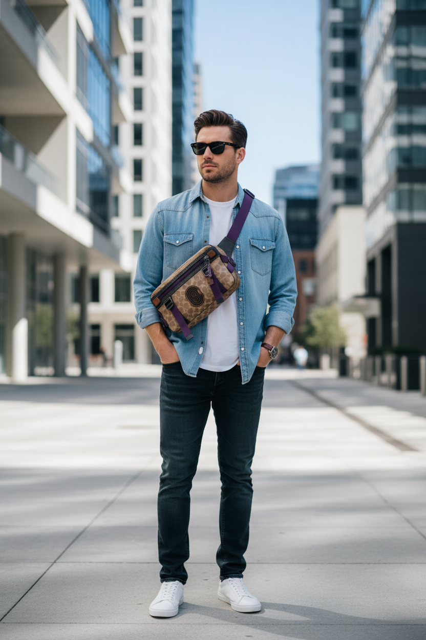 حقيبة خصر/حقيبة جسم محدودة الإصدار مطبوعة بشعار كوتش، مصنوعة من قماش الكانفاس البني المميز.