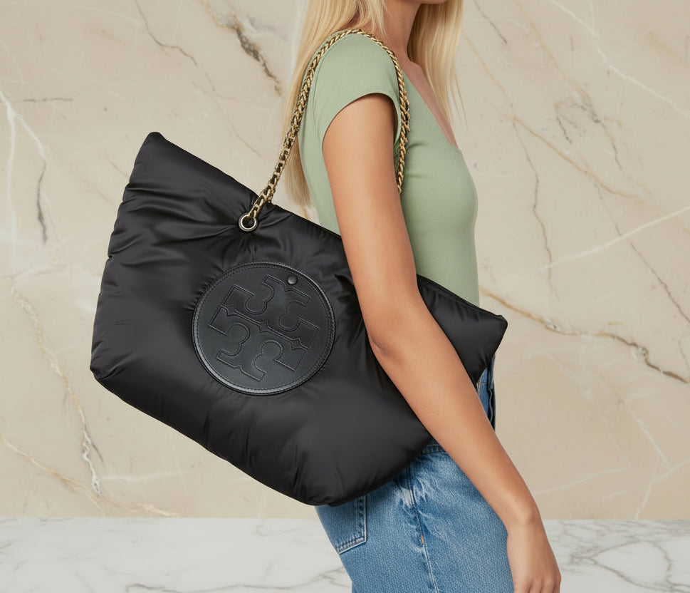 TORY BURCH ELLA PUPPY MAGNETIC CLOSURE CHAIN TOTE - BLACK
