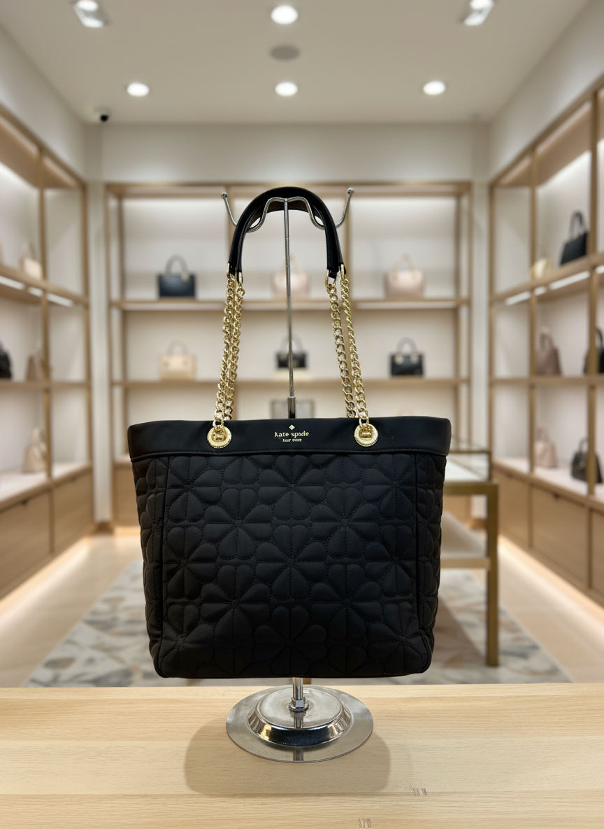 حقيبة كيت سبيد المبطنة والمزينة بالزهور - متوسطة الحجم - سوداء