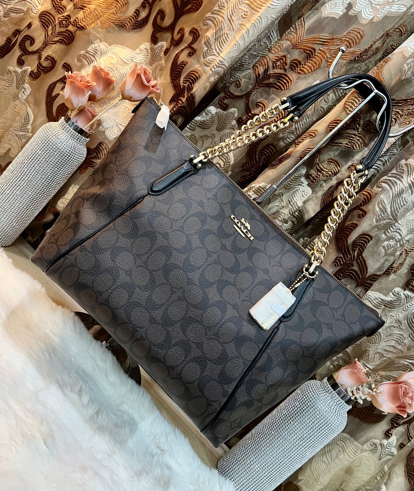 COACH AVA LARGE ZIP TOP TOTE IN SIGNATURE BLACK BROWN