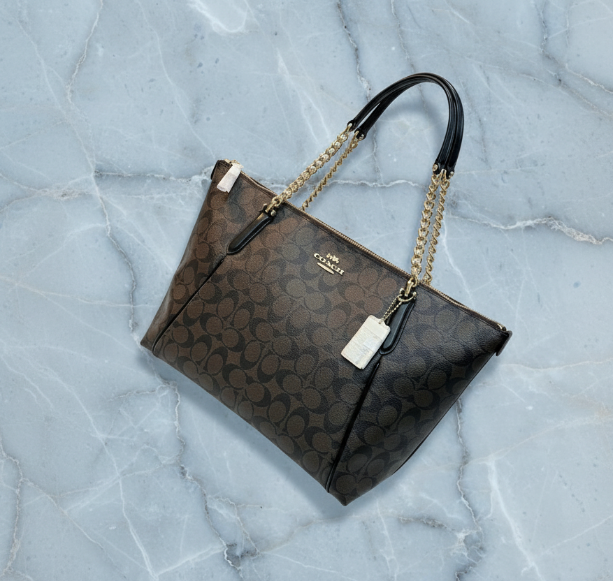 COACH AVA LARGE ZIP TOP TOTE IN SIGNATURE BLACK BROWN