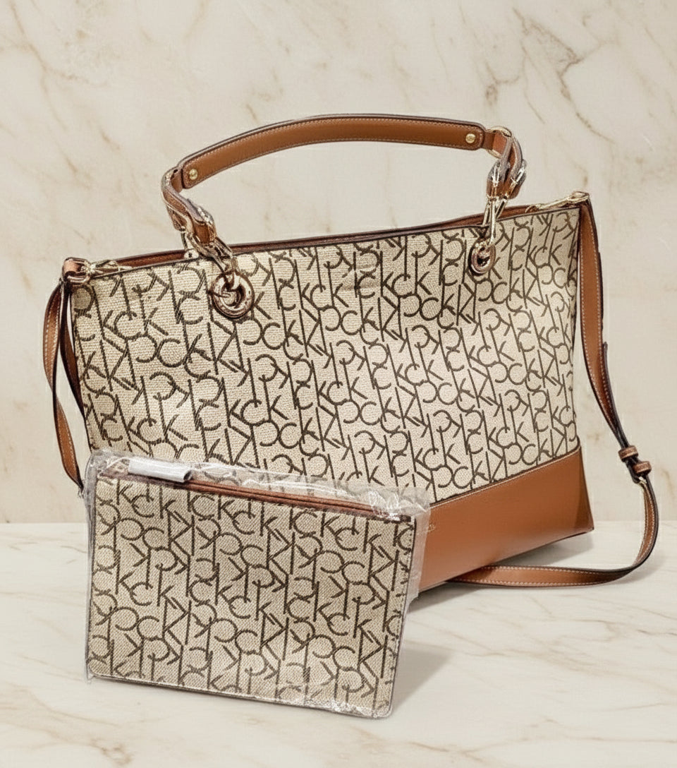 CALVIN KLEIN TOTE IN SIGNATURE LOGO BEIGE/BROWN- XL OPEN WITH LARGE ZIP POUCH & LONG STRAP