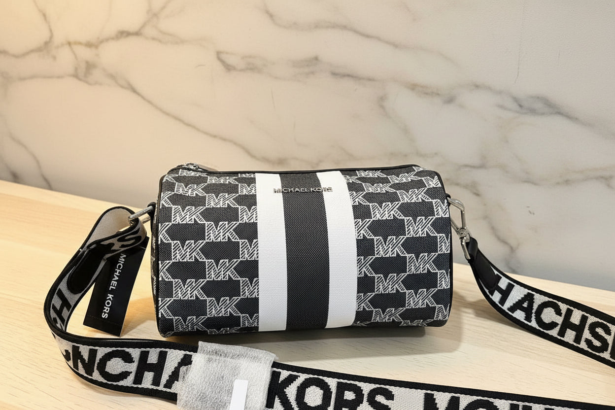 MICHAEL KORS COOPER MINI DUFFLE CROSSBODY IN SIGNATURE CANVAS STRIPE NWT BLACK MULTI