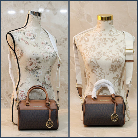 MICHAEL KORS XS TRAVEL DUFFLE CROSSBODY IN SIGNATURE BROWN
