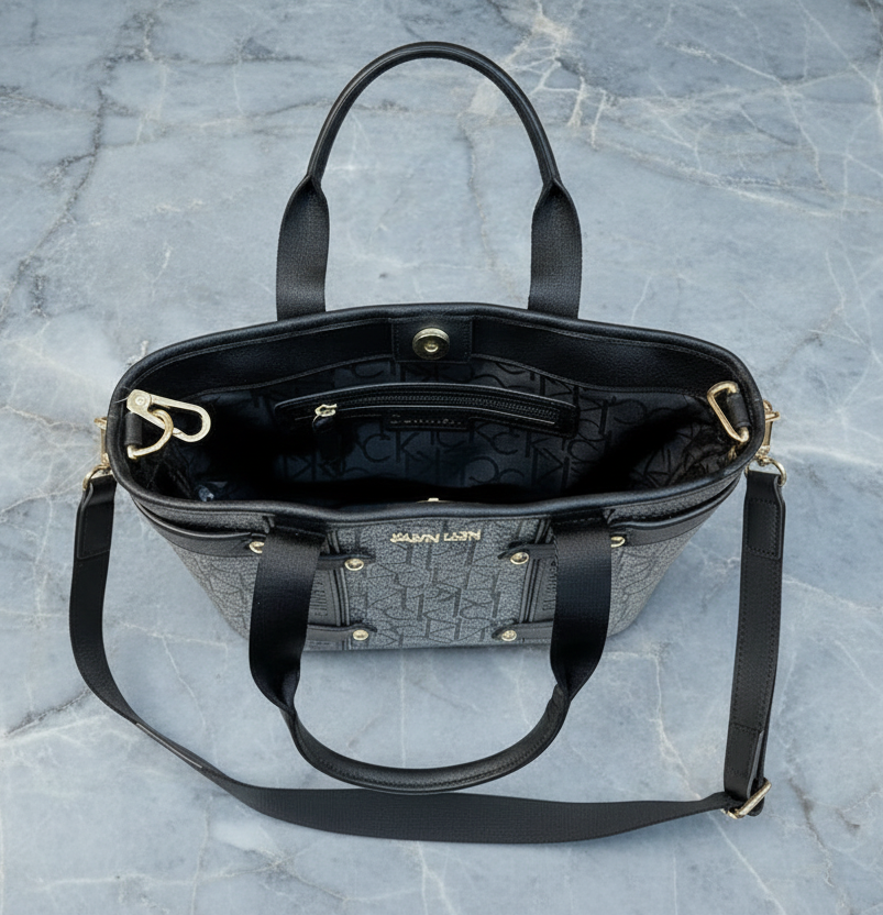 CALVIN KLEIN SATCHEL IN SIGNATURE CHARCOAL BLACK