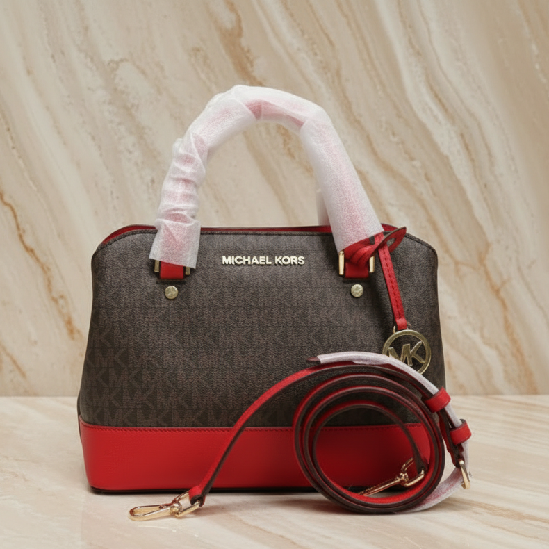 MICHAEL KORS SAVANNAH LARGE SATCHEL IN SIGNATURE BROWN/RED - SCARLET