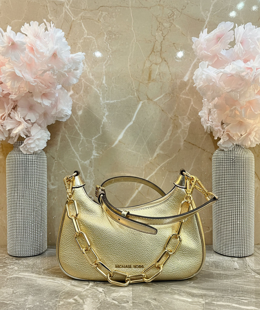 MICHAEL KORS MINI CORA CHAIN SHOULDER BAG/CROSBODY BAG - METTALIC PEBBLE GOLD