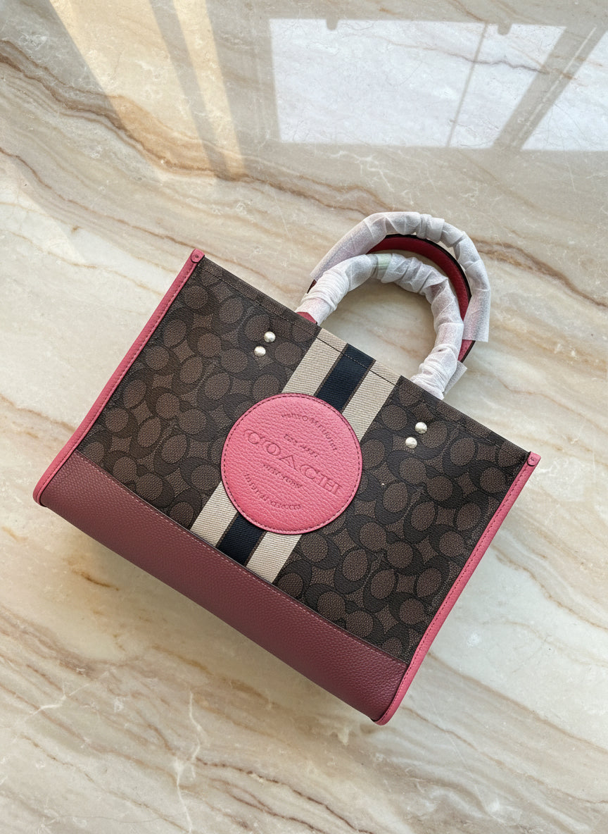 COACH DEMPSEY TOTE CARRYALL MEDIUM IN SIGNATURE JACQUARD CANVAS CENTER STRIPE STRAWBERRY HAZE