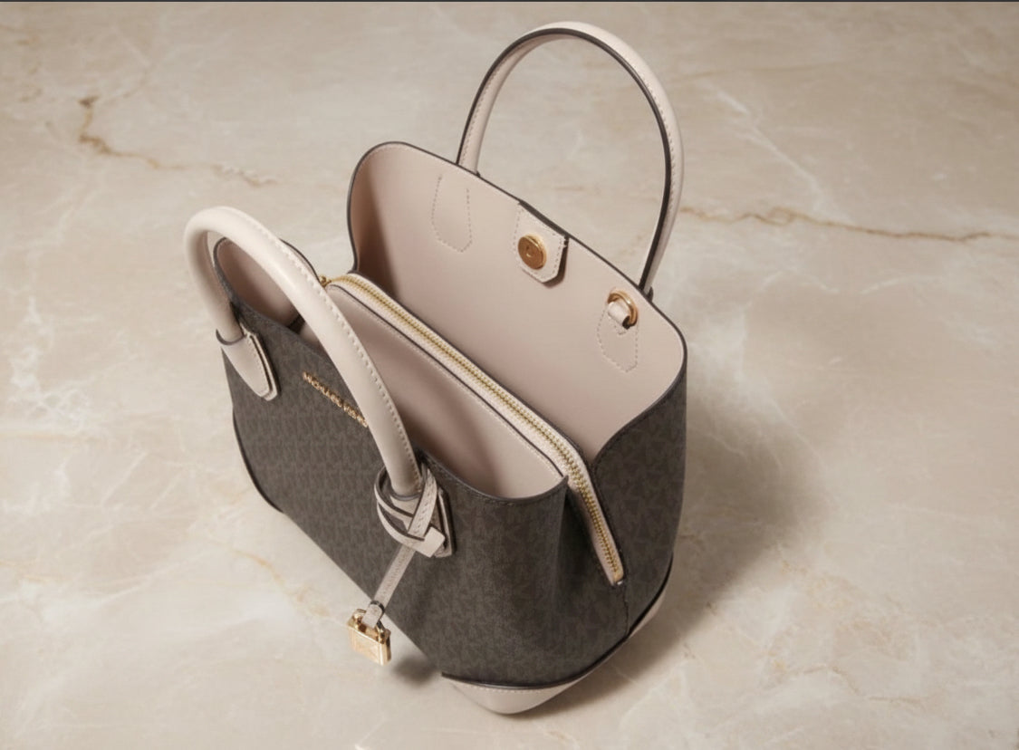 MICHAEL KORS MERCER GALLERY MEDIUM LOGO SATCHEL BAG - BROWN/SOFT PINK