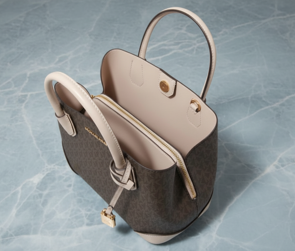 MICHAEL KORS MERCER GALLERY MEDIUM LOGO SATCHEL BAG - BROWN/SOFT PINK