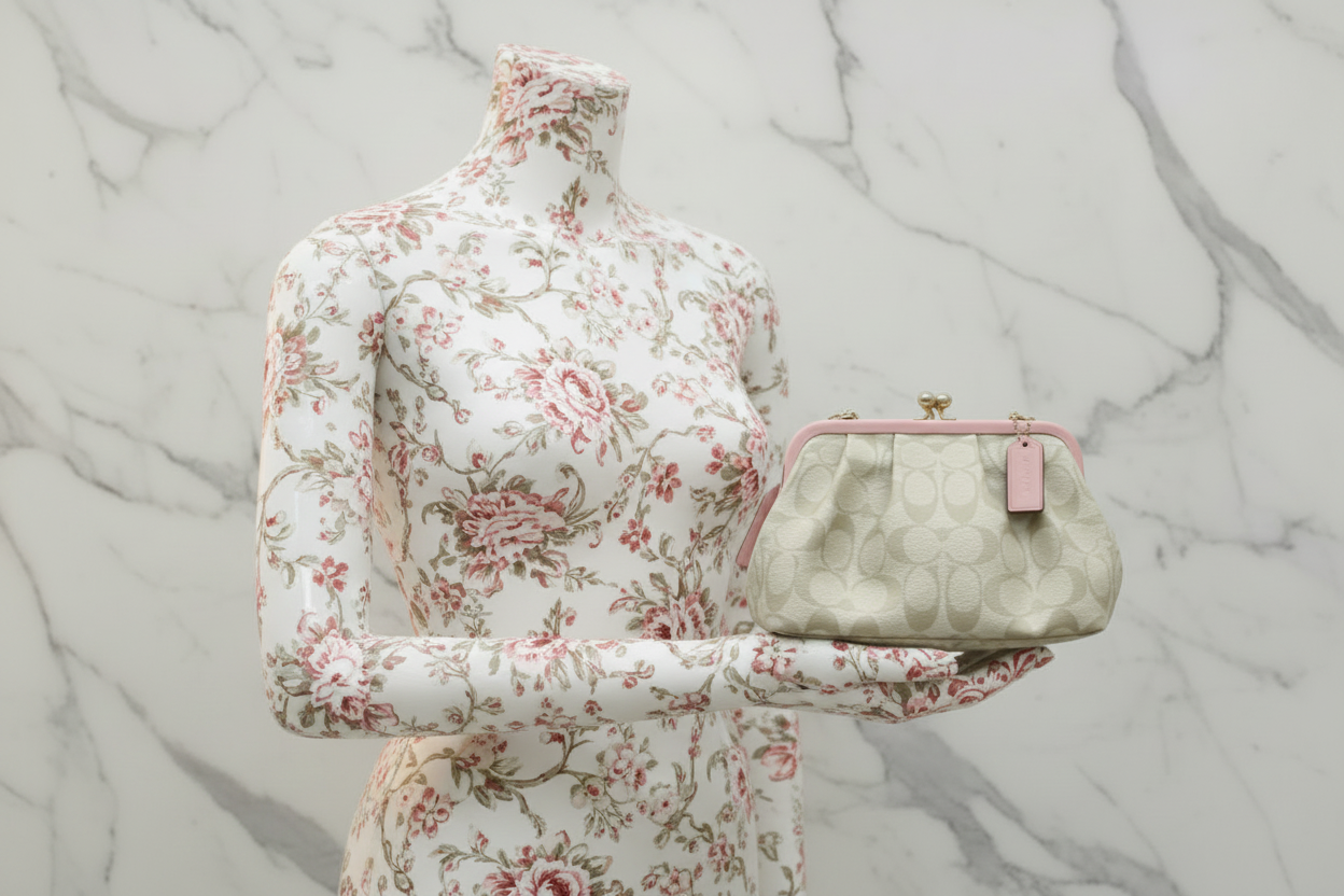 COACH NORA KISSLOCK CLUTCH/CROSSBODY IN SIGNATURE CHALK/IVORY/PINK