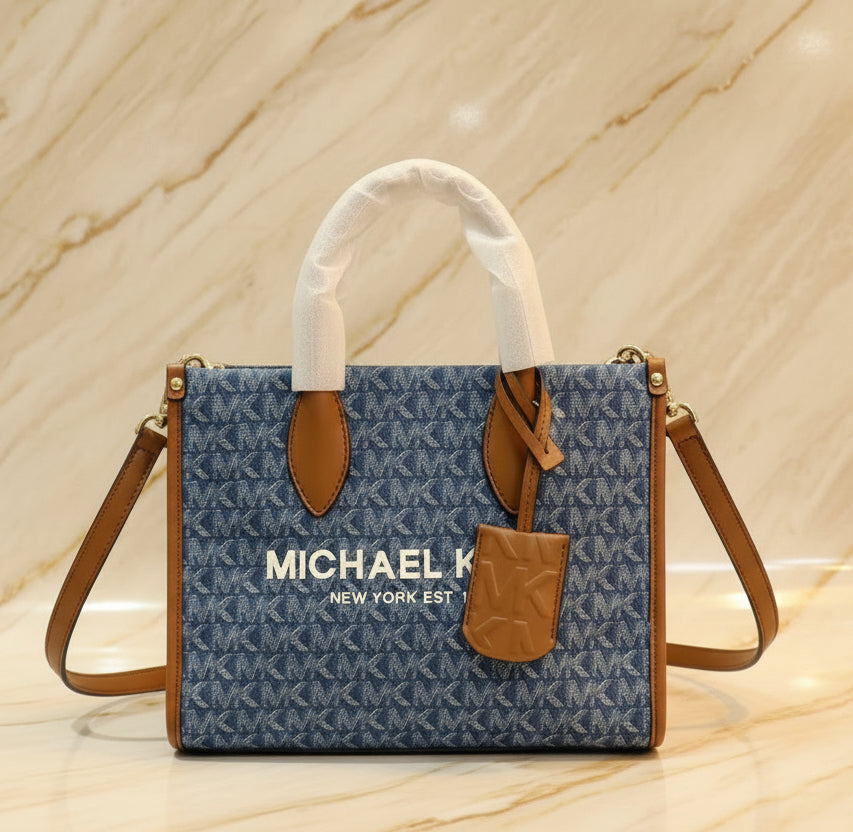 MICHAEL KORS MIRELLA SMALL SHOPPER TOP ZIP CROSSBODY BAG - DENIM MULTI LOGO