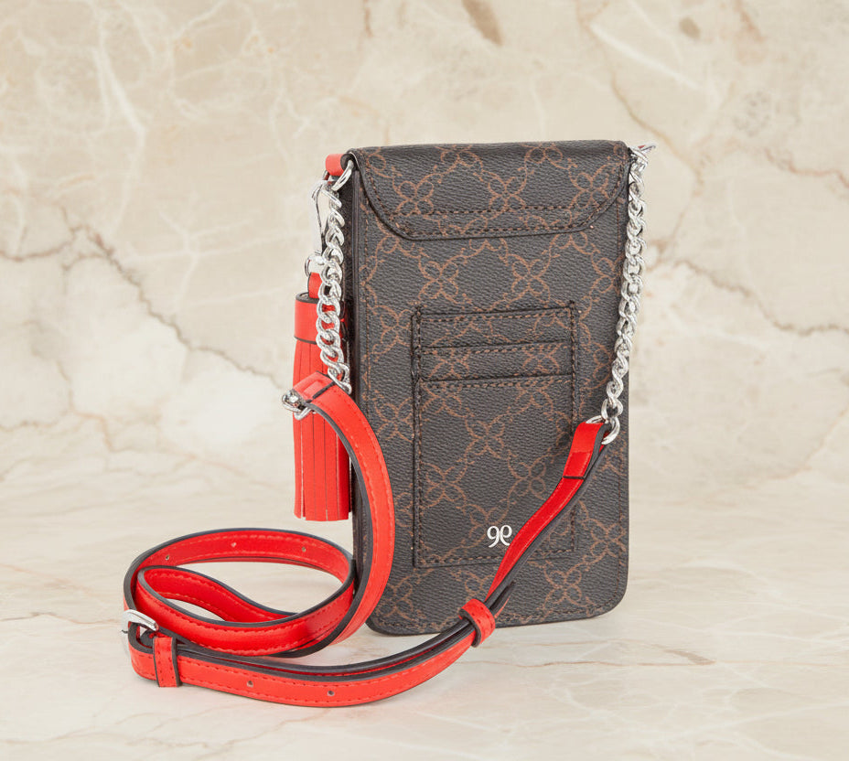 NINE WEST SPRINGY MINI PHONE CROSSBODY IN SIGNATURE BROWN/VYBER RED CANVAS