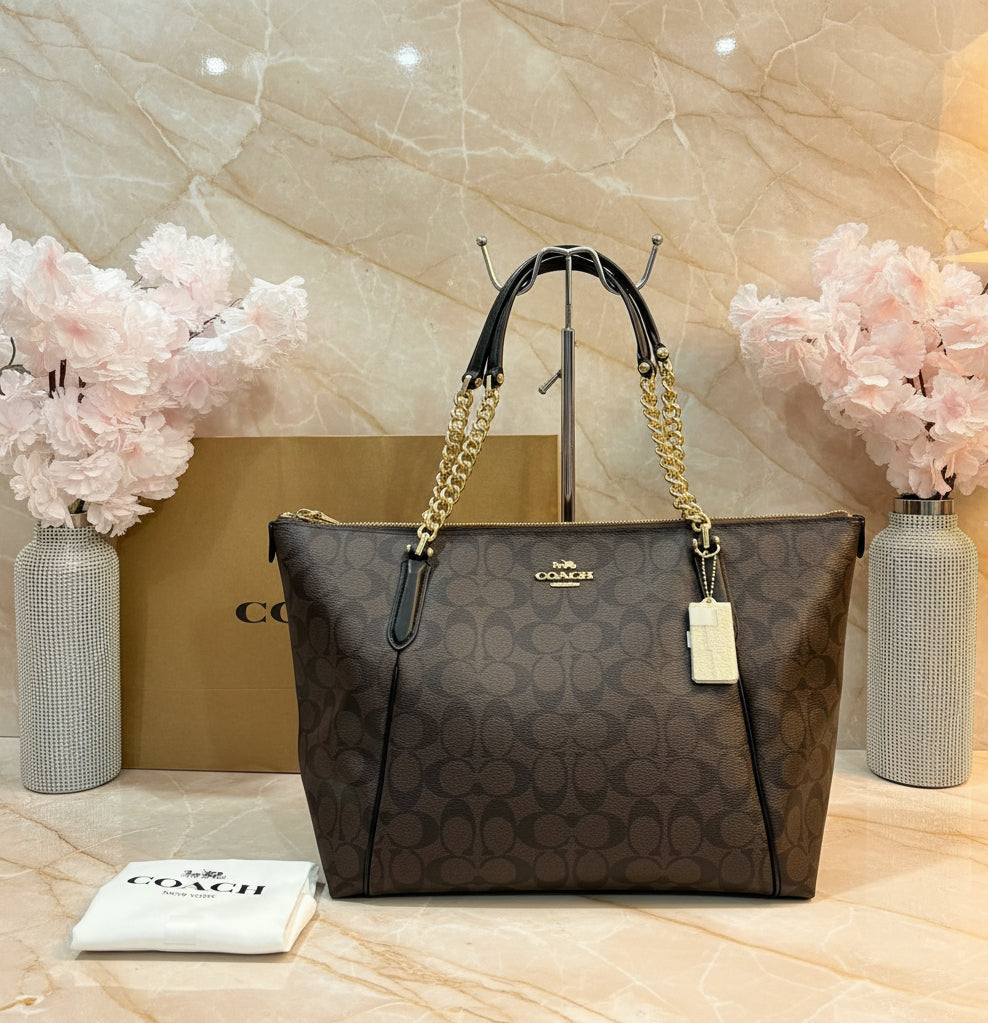 COACH AVA LARGE ZIP TOP TOTE IN SIGNATURE BLACK BROWN