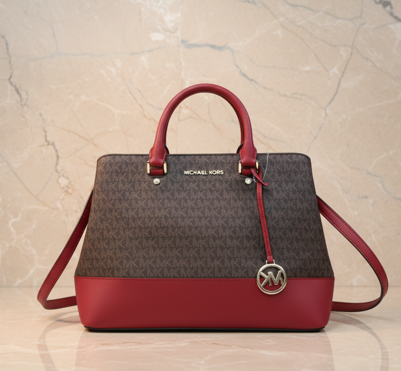 MICHAEL KORS SAVANNAH LARGE SATCHEL IN SIGNATURE BROWN/RED - SCARLET