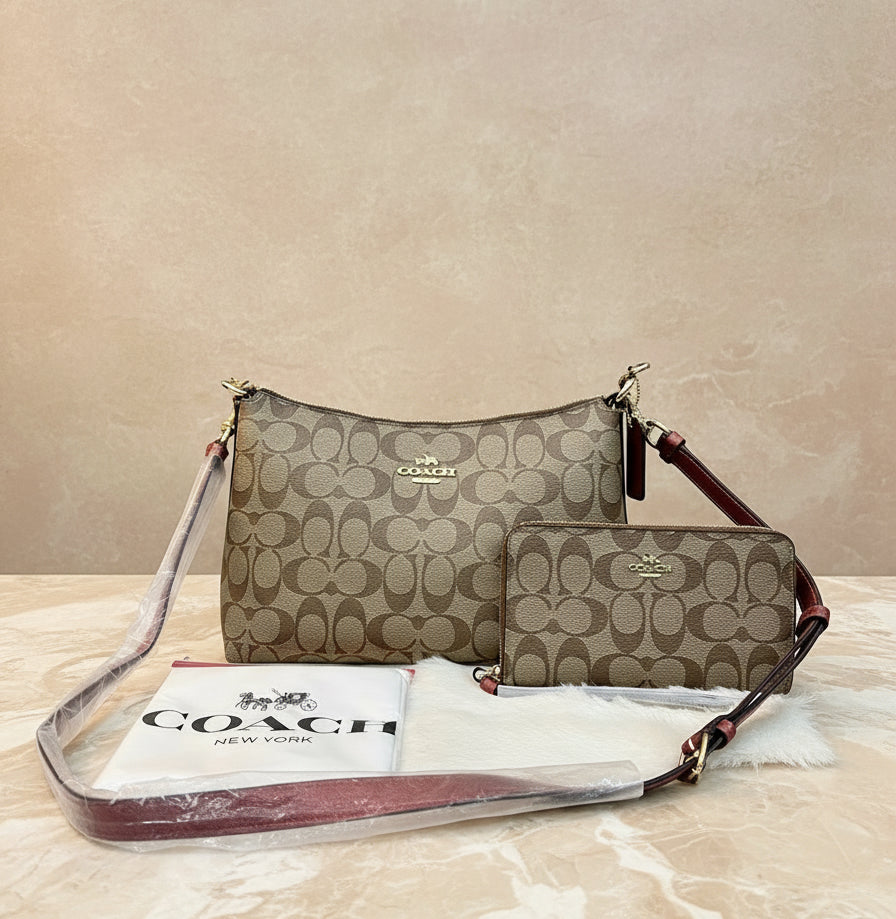 COACH BUNDLE LEWIS SHOULDER BAG/CROSSBODY BAG & ZIP AROUND WRISLET WALLET IN SIGNATURE CANVAS METTALIC CLAY LINING