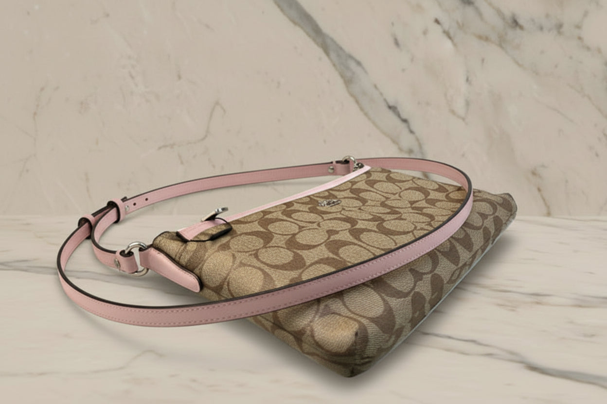 SALE‼️ COACH EAST WEST CROSSBODY WITH POP-UP POUCH KHAKI-PINK - WITH FLAWS/PEELED OFF/SCALED FROM THE CREED INSIDE, SEE PHOTO